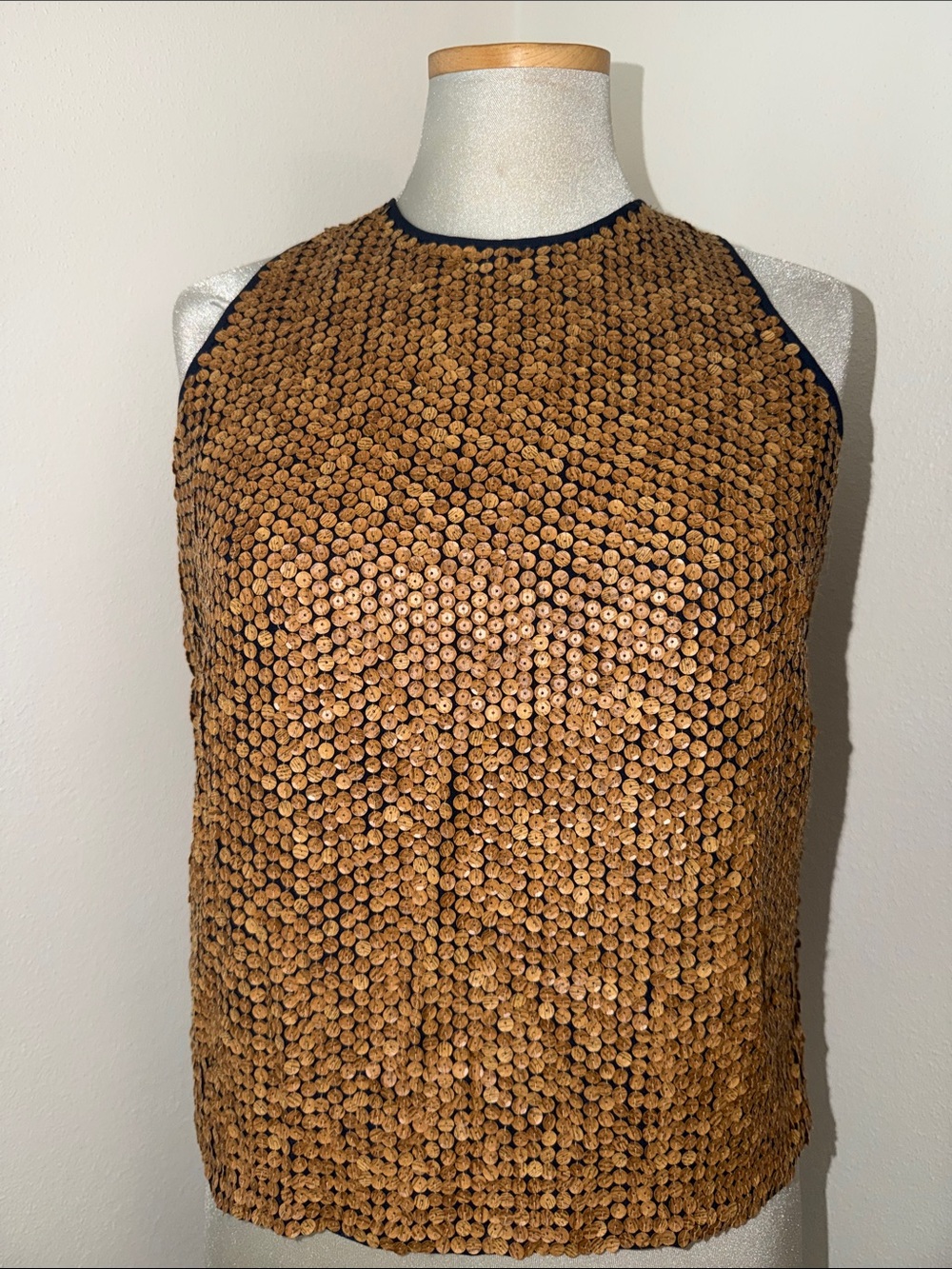 Jones New York navy gold bronze sequin silk top blouse 6 6P petite